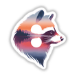 Raccoon Face Sunset: Illustration of a raccoon with a forest and sunset double exposure, available as unique stickers or digital artwork.