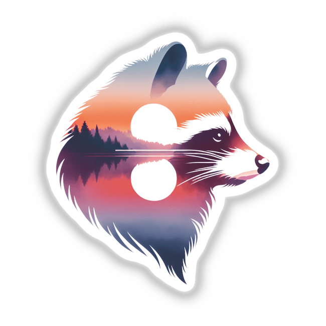 Raccoon Face Sunset: Illustration of a raccoon with a forest and sunset double exposure, available as unique stickers or digital artwork.