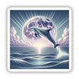 Dolphin Leaping Above the Ocean at Moonrise, showcasing a dolphin mid-air above shimmering water. Available as unique stickers or digital artwork from Decal Venue, emphasizing marine elegance and creativity.