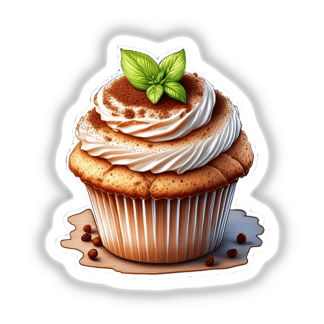 Tempting tiramisu cupcake with lush cream topping and fresh basil garnish