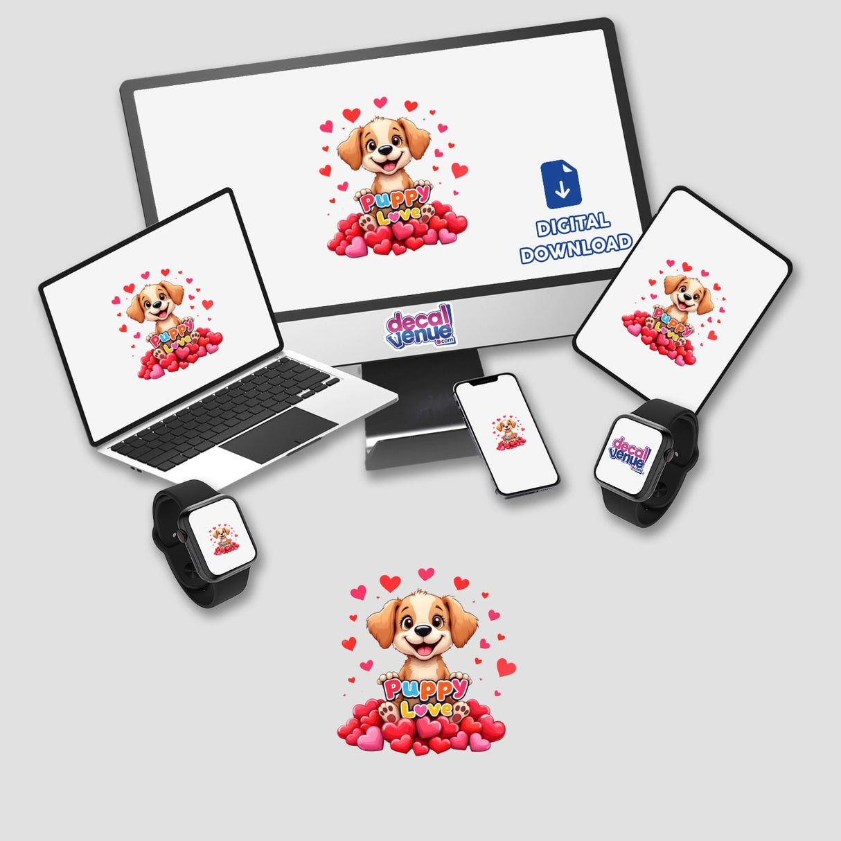 Puppy Love stickers or digital artwork featuring a cartoon dog surrounded by hearts, displayed on various devices like a laptop, monitor, and smartwatch, highlighting Decal Venue's unique vinyl sticker offerings.