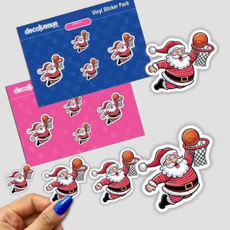 Sticker pack titled Santa Claus Basketball Hoops, featuring cartoon illustrations of Santa Claus dunking basketballs. Available as stickers or digital artwork, embodying Decal Venue's unique artistic style.