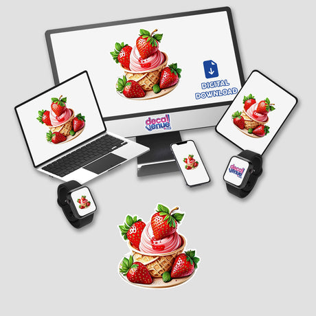 Delicious strawberry ice cream with fresh berries and whipped topping on a waffle cone, digital artwork by ArtMix available for download from Decal Venue online store.