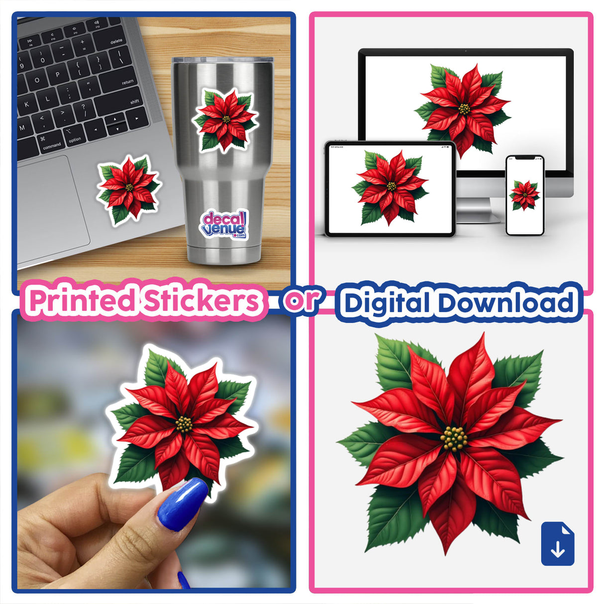 Poinsettia Flower Envelope Seal Stickers – Elegant Holiday Stationery displayed with a collage of red flowers and a laptop adorned with a flower sticker, highlighting unique design options.