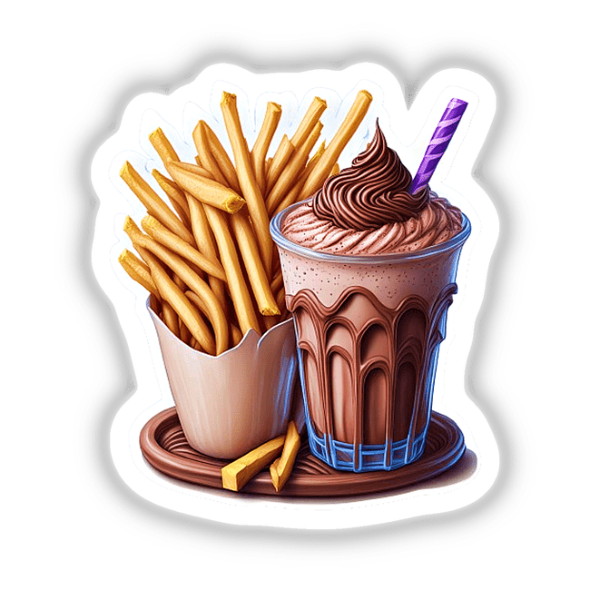 Fries and a shake: A chocolate milkshake and crispy french fries on a plate, available as unique stickers or digital artwork from Decal Venue.