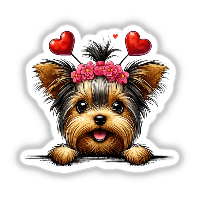 Peeking Yorkie Heart Headband: Illustration of a Yorkie dog with a heart and flowers on its head, available as stickers or digital artwork. Perfect for pet-themed vinyl art enthusiasts.