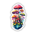 Whimsical Floating Mushroom Magical Forest Sticker featuring colorful mushrooms, vibrant flowers, and lush leaves. Available as stickers or digital artwork from Decal Venue.