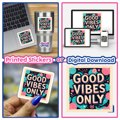 Good Vibes Only sticker collage featuring various designs on a laptop and held by a hand, representing Decal Venue's unique collection of stickers and digital art.