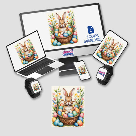 Cute Easter Bunny in a Basket with Eggs displayed on various gadgets, showcasing its availability as stickers or digital artwork from Decal Venue, known for unique vinyl stickers and digital art.