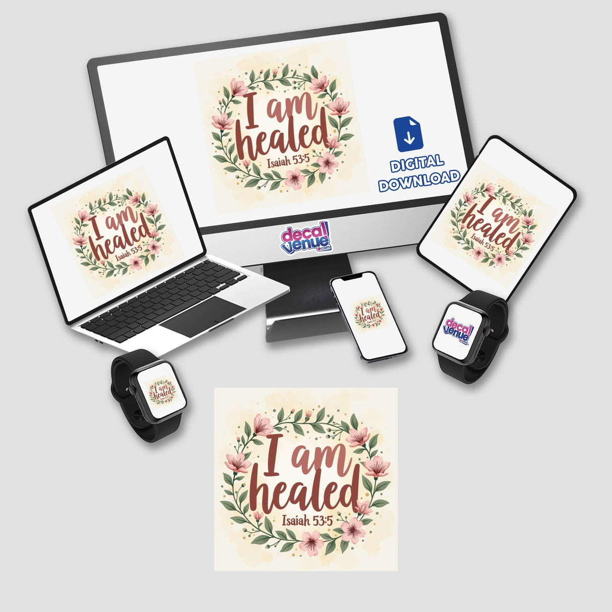 I Am Healed - Isaiah 53:5 sticker or clipart featuring a floral design on digital devices, embodying Christian faith and renewal, available with commercial rights.