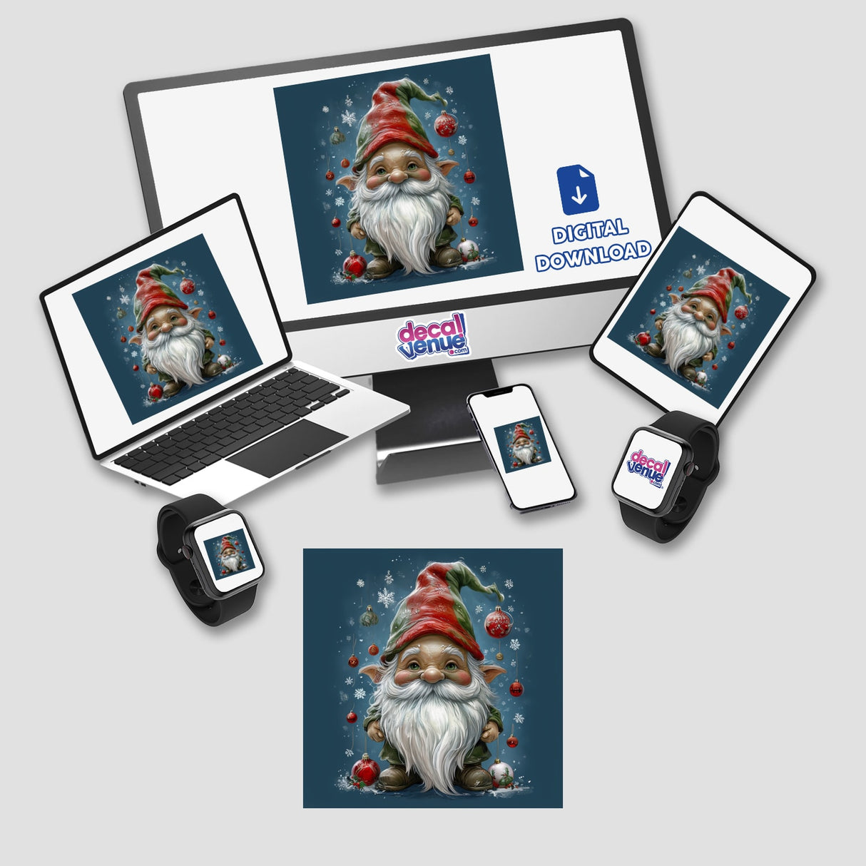 Holiday Gnome Envelope Seal Stickers displayed on a computer and laptop screen, featuring a cartoon gnome with a white beard and red hat, ideal for festive card and gift decorations.