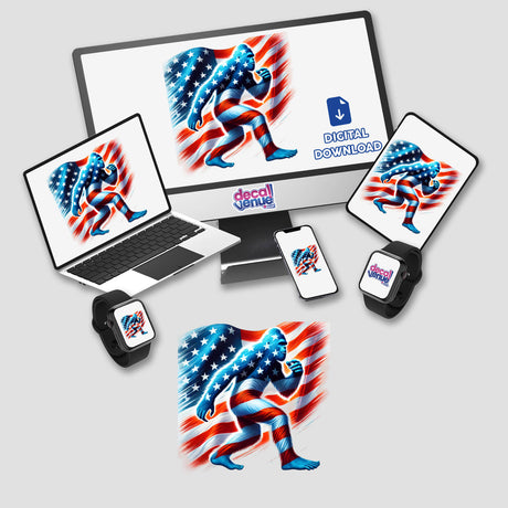 Patriotic Bigfoot American flag decals for diverse digital devices and merchandise from Decal Venue's unique sticker and art collection.