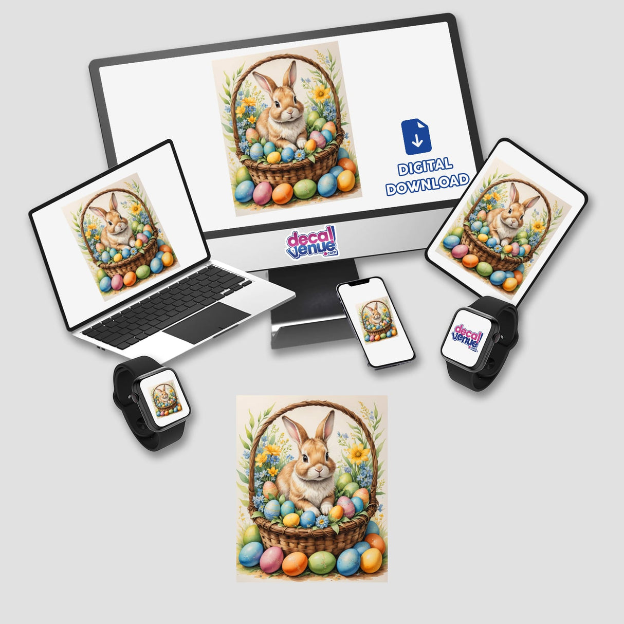 Cute Easter Bunny in a Basket with Eggs displayed on a computer monitor and laptop, showcasing it as stickers or digital artwork, emphasizing its charm and suitability for unique vinyl sticker collections.