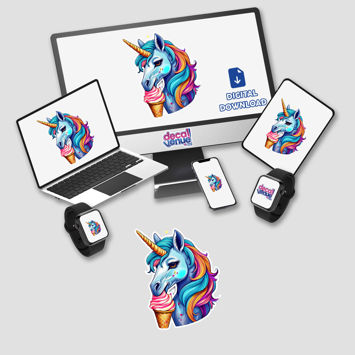 Colorful unicorn eating ice cream digital artwork displayed on various electronic devices