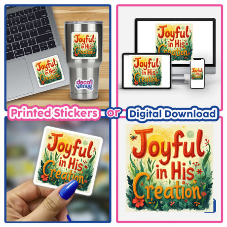 Joyful in His Creation - Genesis 1:31 Christian Sticker displayed on a laptop, emphasizing an inspirational Bible verse. Available as a sticker or digital artwork with commercial rights.