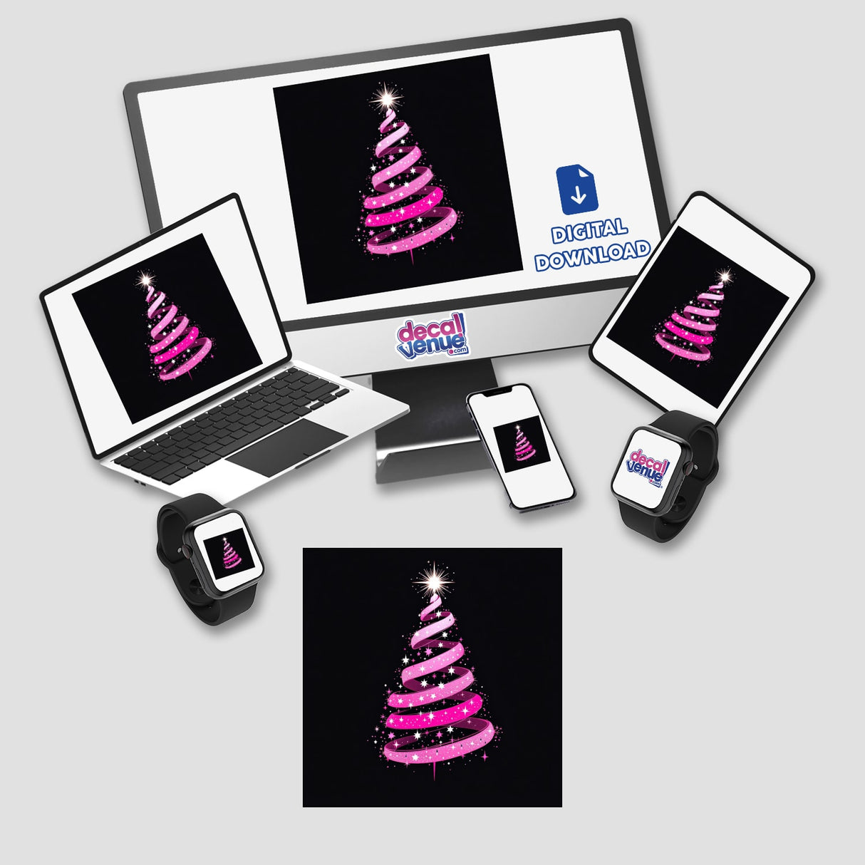 Pink Ribbon Christmas Tree design displayed on a computer monitor and laptop, available as stickers or digital artwork from Decal Venue.