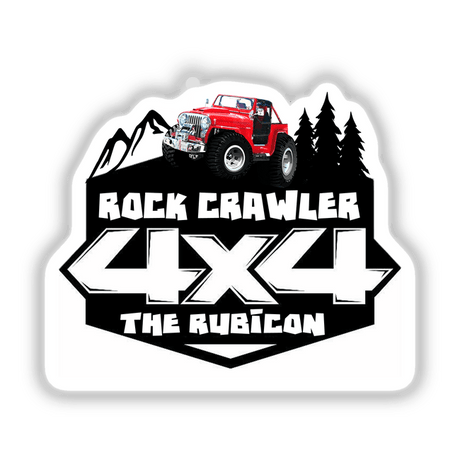 Rubicon 4x4 Rock Crawler decal featuring a red jeep with large tires and mountain-themed white text, ideal for stickers or digital artwork from Decal Venue's unique collection.