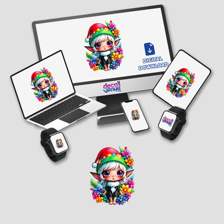 Floral Elf Magic: Kawaii Elf in Santa Hat displayed on a computer monitor and laptop with cartoon characters in the background. Available as stickers or digital artwork.