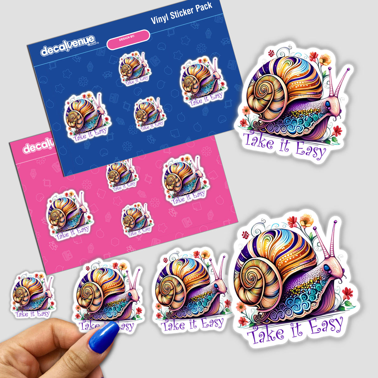 Colorful digital artwork stickers featuring a whimsical snail design with the text "Take it Easy". The stickers are shown in a product pack with multiple designs.