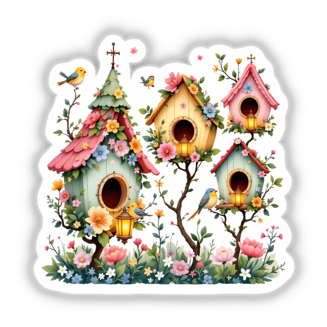 Charming Birdhouses Decorated with Spring Flowers and Tiny Birds