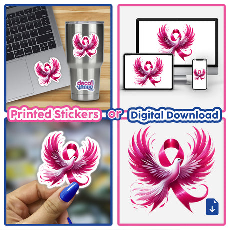 Collage showing Dove Bird Pink Ribbon Breast Cancer stickers and digital artwork, featuring a pink bird and ribbon on a laptop and individual decals.