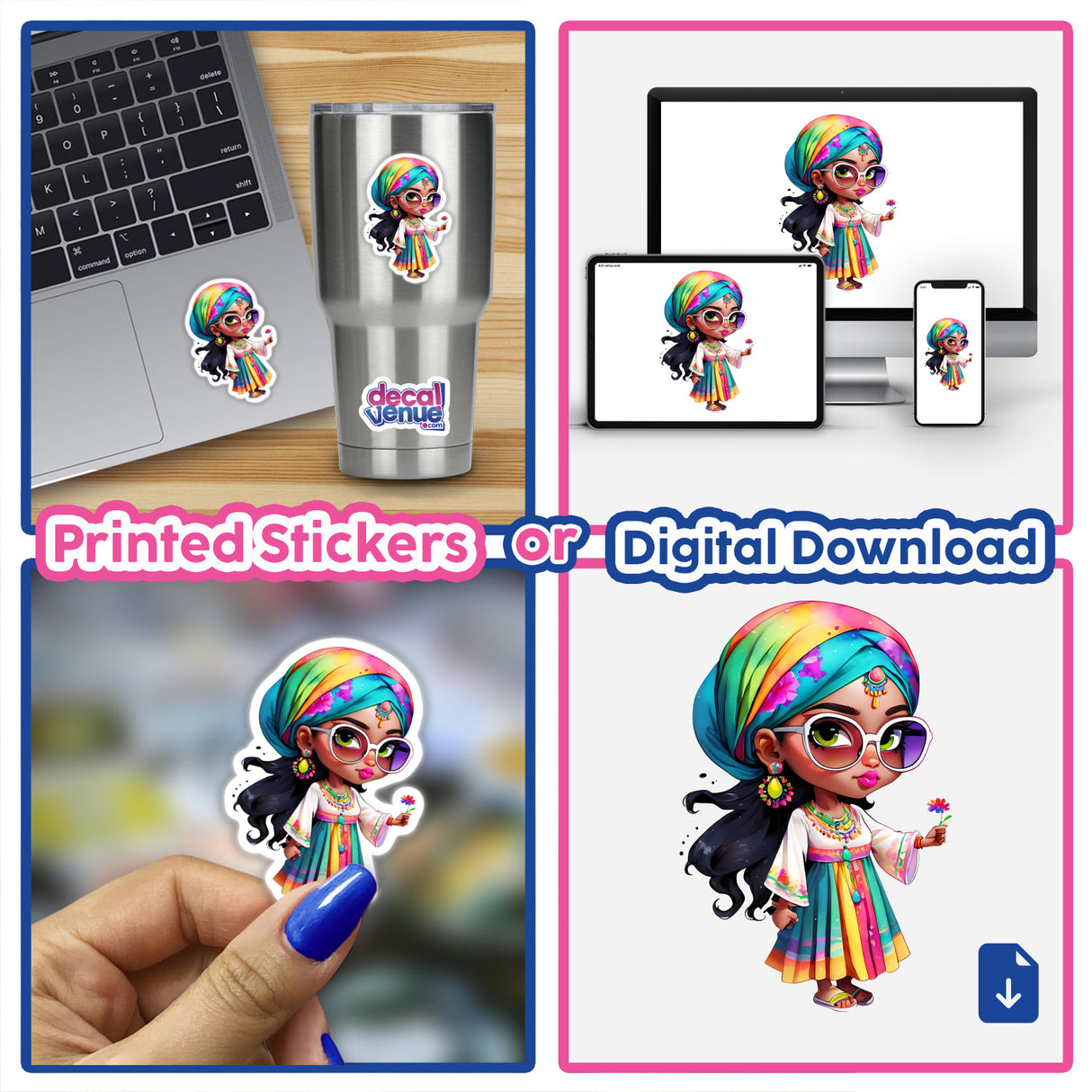 Colorful Ethnic Illustration of a Fashionable Arabic Girl with Flowers, available as stickers or digital artwork, featuring a cartoon girl wearing glasses and a turban, depicted in various poses.