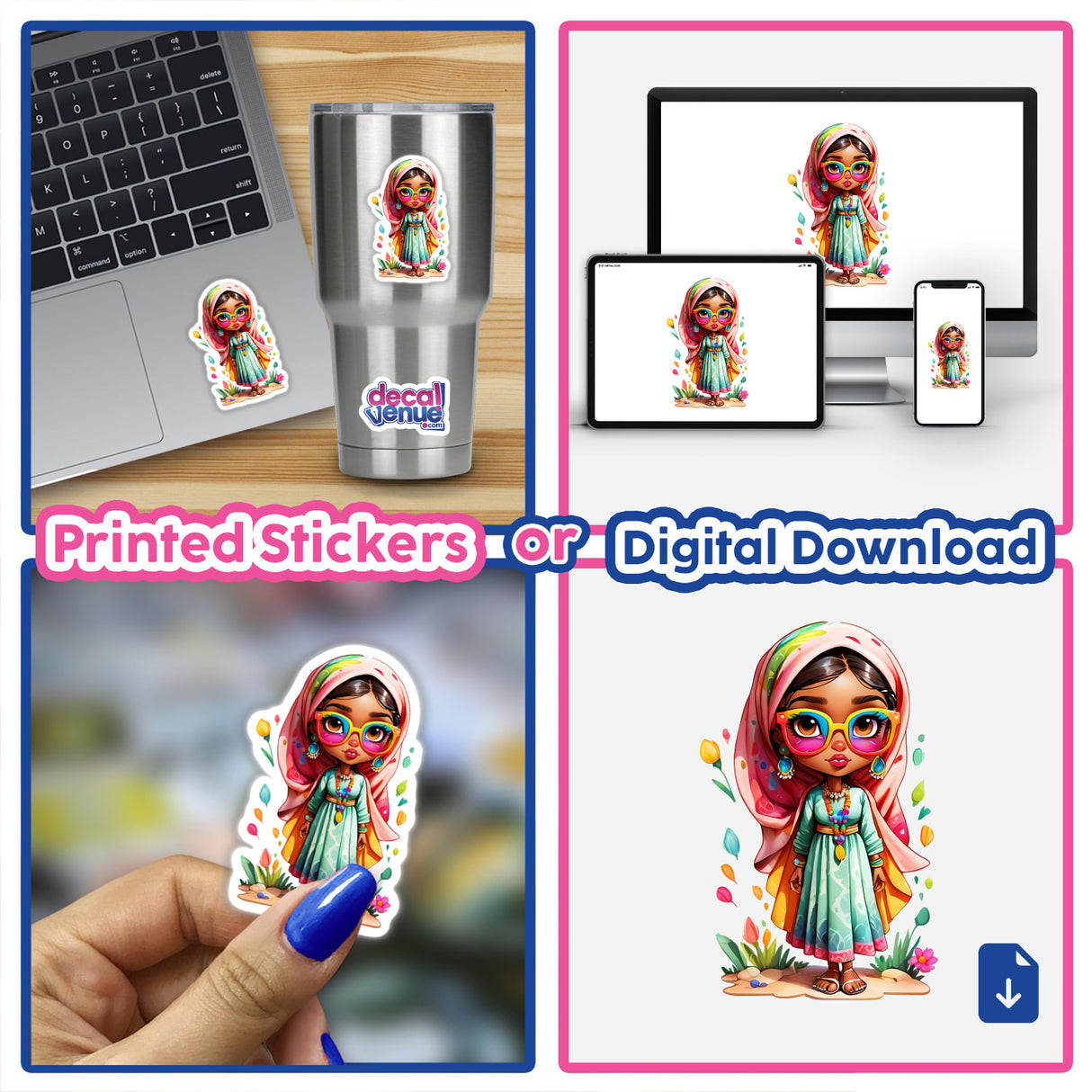 Fashionable Arabic Girl cartoon collage featuring stickers and digital artwork, including close-ups on fingernails, laptops, tablets, and more.