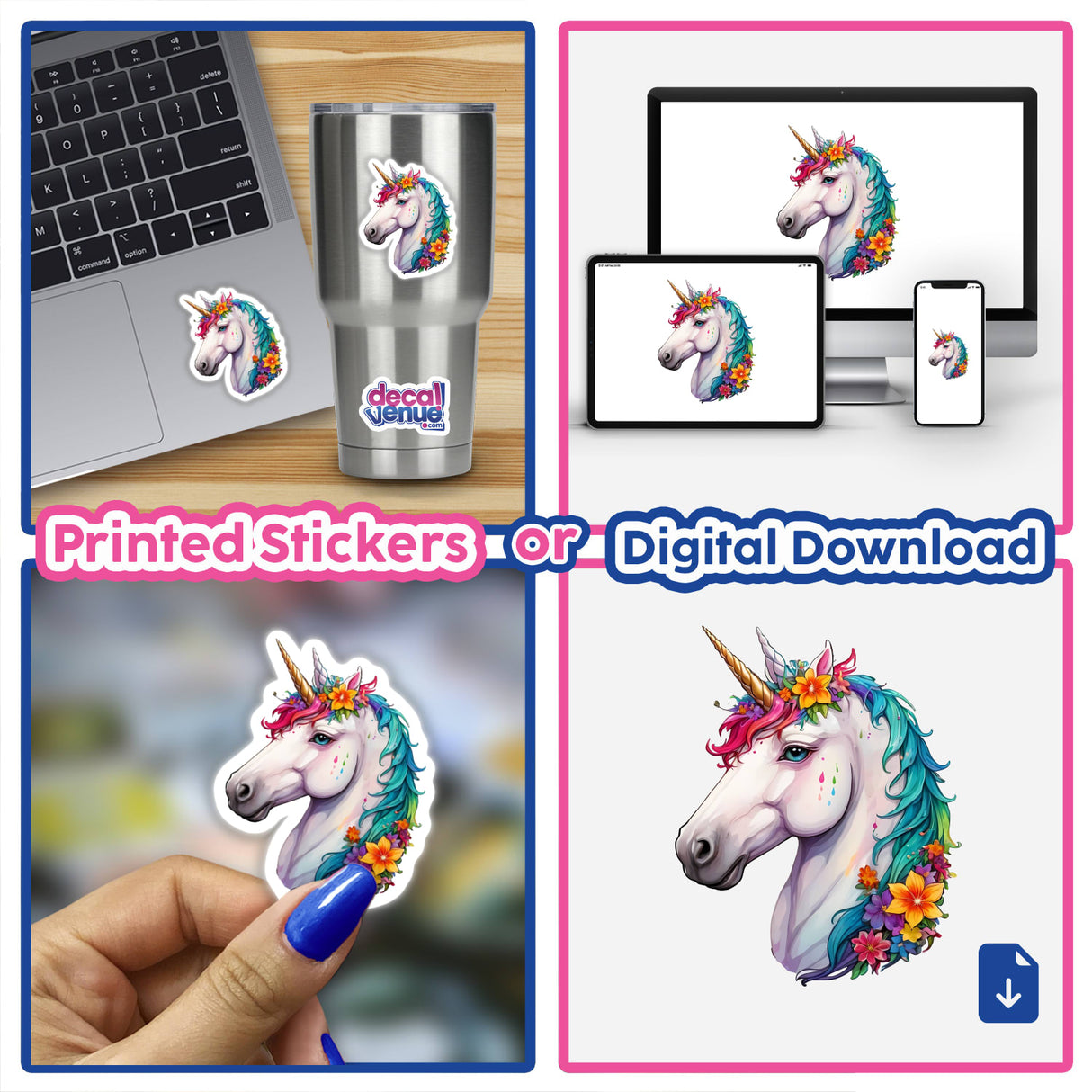 Collage of unicorn stickers, including one with flowers on its head and a hand holding another, displayed on items like a cup and laptop.