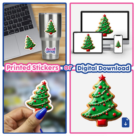 Festive Christmas Cookie Tree Design collage featuring stickers and hand-painted cookies, showcasing intricate details suitable for holiday decorations. Available as stickers or digital artwork.