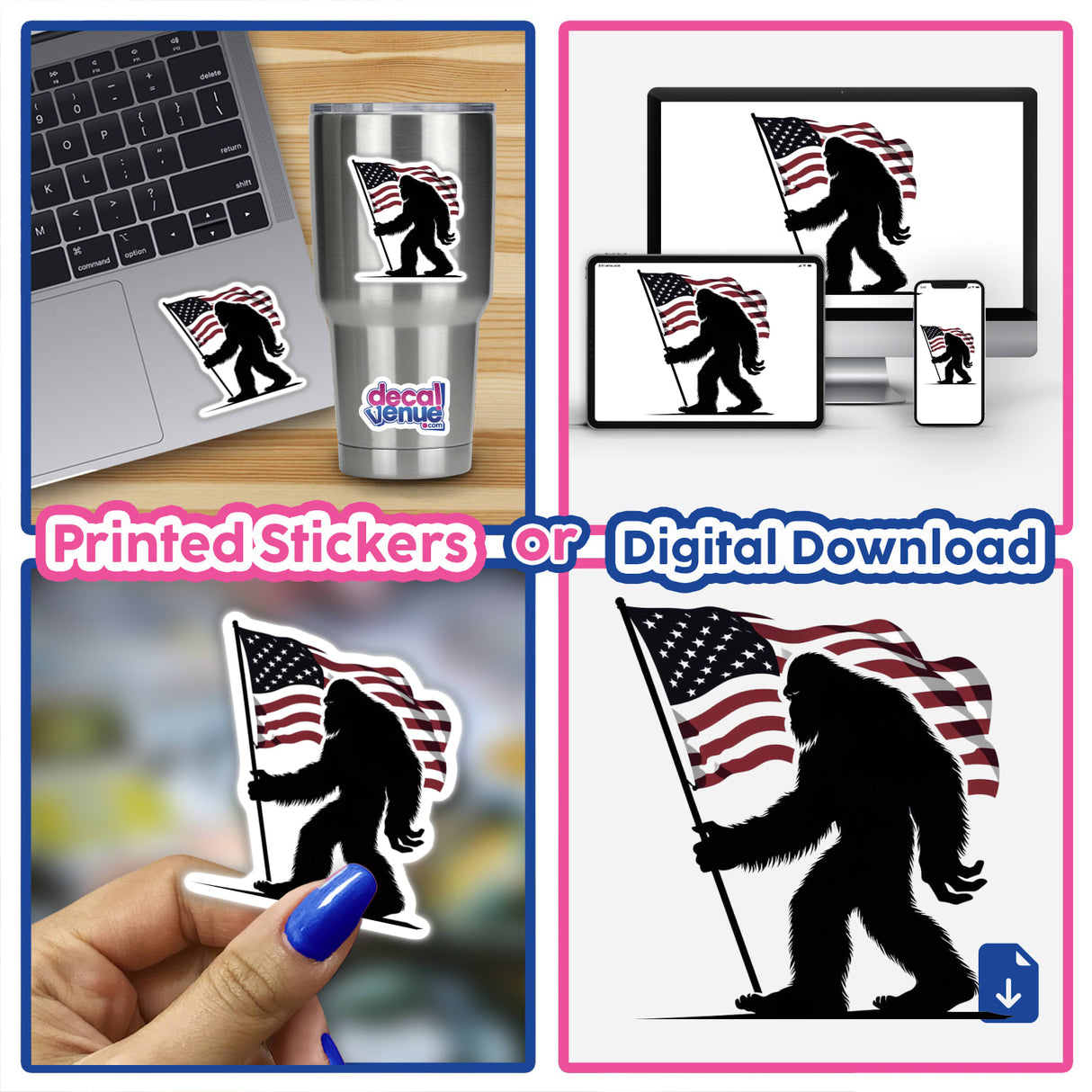 American Flag Sasquatch sticker featuring a silhouette of a Bigfoot holding a flag, displayed on a laptop. Ideal for showcasing unique vinyl decals or digital artwork from Decal Venue.