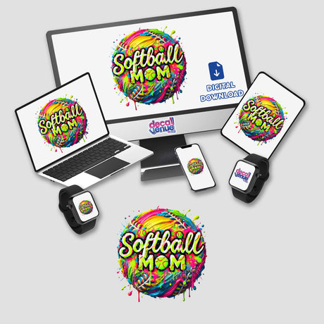 Softball Mom Neon Splatter Drip Art featuring electronic device screens with logos, showcasing digital artwork options available as stickers or digital downloads, aligning with Decal Venue's unique sticker and art offerings.