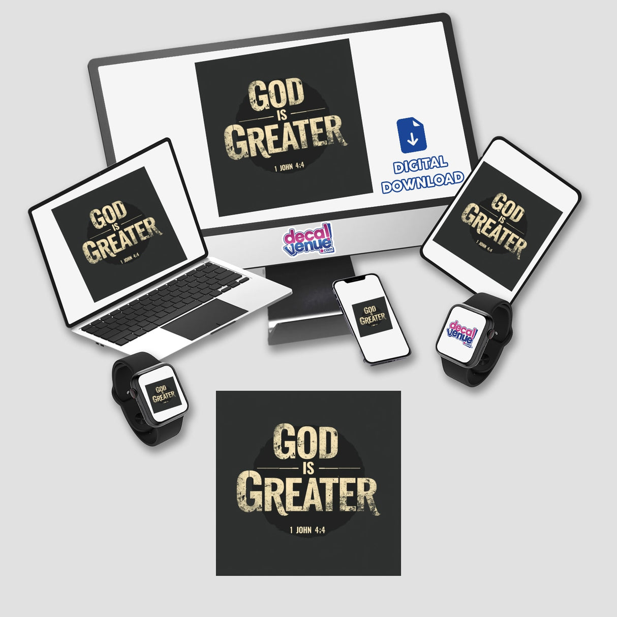 God Is Greater - Inspired by 1 John 4:4 sticker or clipart featuring a black screen with gold text and logo, available for commercial use, reflecting Decal Venue's unique art style.