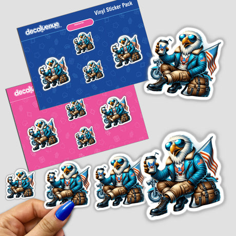 Patriotic eagle character riding a motorcycle while holding a coffee cup, among other colorful sticker designs on a Decal Venue product sheet.