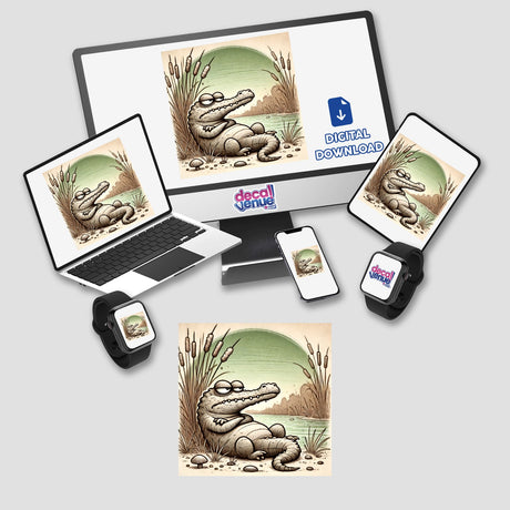 Frowning Crocodile Lounging by the River artwork displayed on a laptop, tablet, smartphone, and smartwatch. Available as stickers or digital artwork.