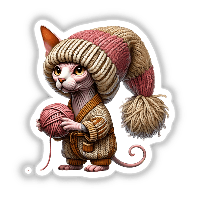 Sphynx Cat Gnome Holding Ball of Yarn: A cartoon cat wearing a knitted hat and sweater, holding a yarn ball. Available as stickers or digital artwork.