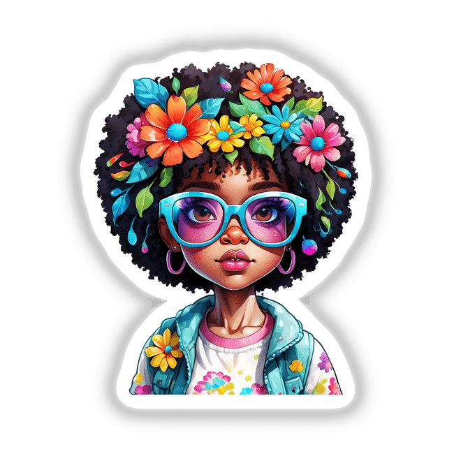 Trendy Afro Girl with flowers in her hair and cool glasses, available as stickers or digital artwork.