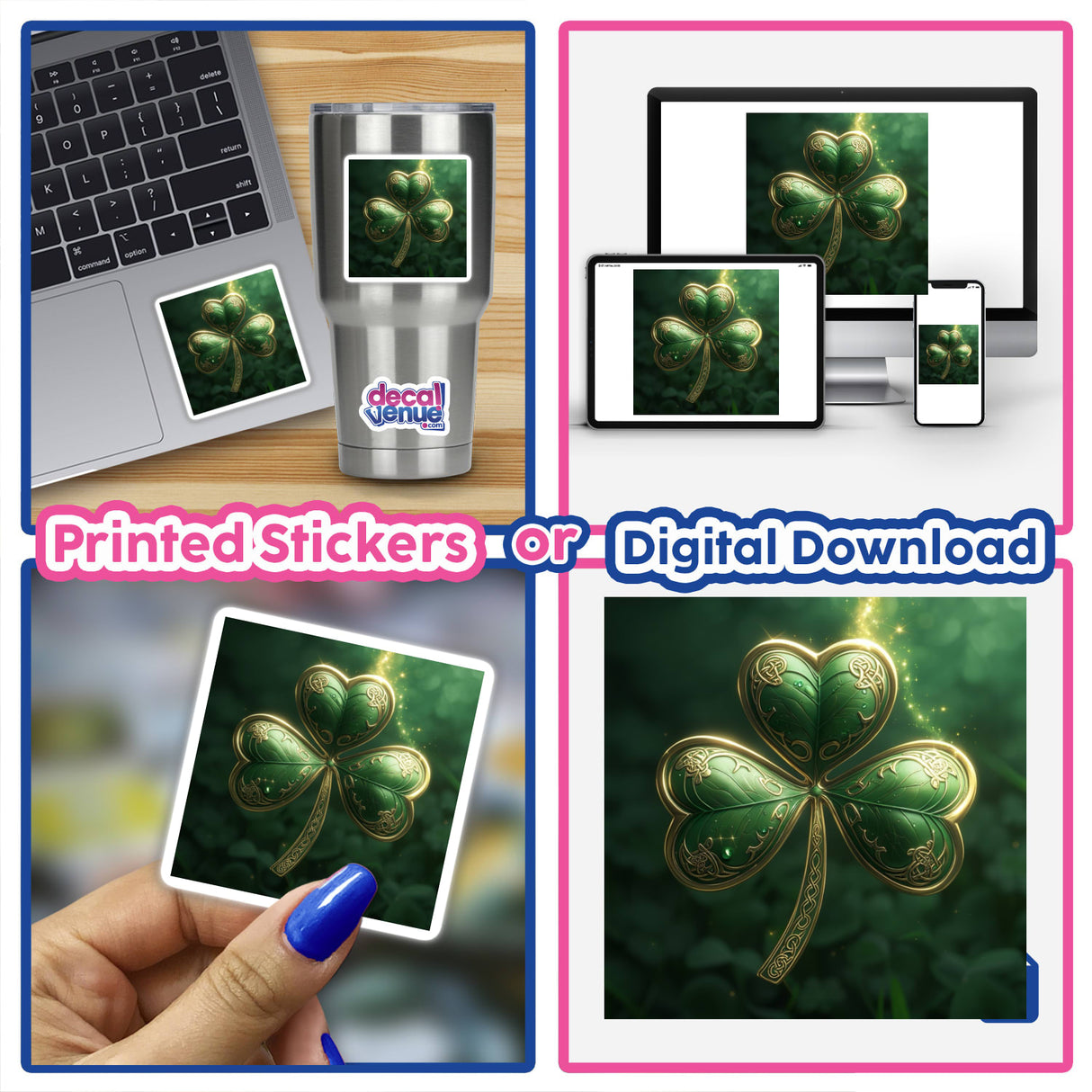 Celtic Shamrock – Green Clover with Intricate Gold Knotwork featured on various items, including a silver mug and digital screens, highlighting its availability as stickers or digital artwork.