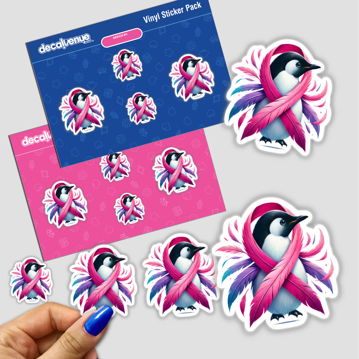 Stickers featuring cartoon penguins with pink ribbons, symbolizing breast cancer awareness, available as Penguin Pink Ribbon Breast Cancer designs.