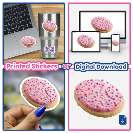 Oval Shaped Cookie with Pastel Pink and Purple Dots, featured in a collage with a laptop and a person painting a fingernail. Available as stickers or digital artwork.