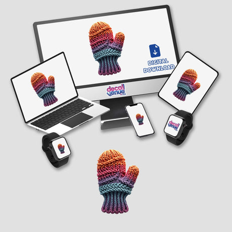 Knitted Yarn Mitten displayed on a computer monitor and laptop screen, available as stickers or digital artwork, showcasing Decal Venue's unique digital art collection.