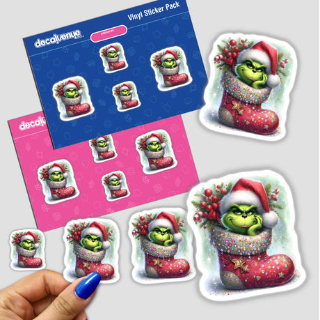 Watercolor Green Grouch in Embellished Christmas Stocking sticker pack, featuring a whimsical green cartoon character in a festive red boot. Available as stickers or digital artwork from Decal Venue.