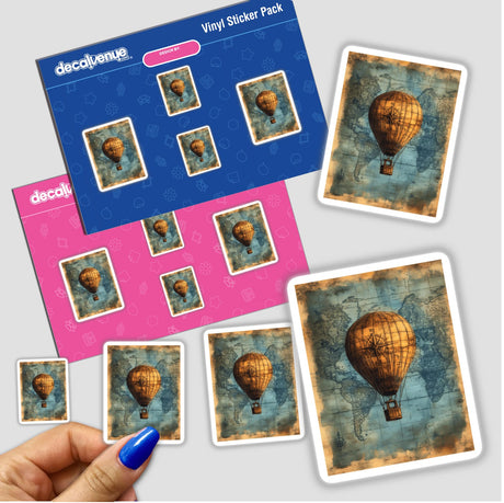 Hand holding a sticker pack titled Hot Air Balloon on Vintage World Map, featuring hot air balloons with map and compass designs. Available as stickers or digital artwork.