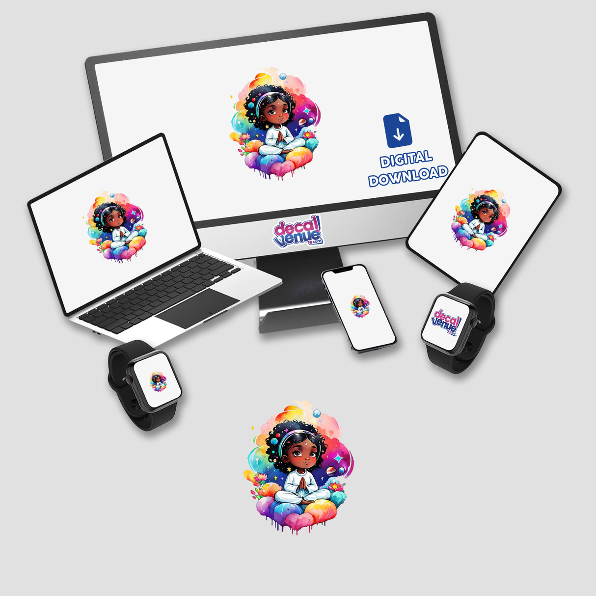 Space Meditation: Kawaii Girl Meditating - Sticker Design, featuring a cartoon girl meditating, displayed on various screens including a computer monitor, laptop, tablet, and smartwatch.