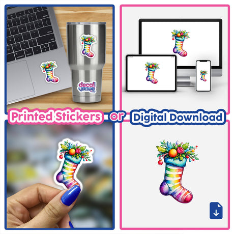 Festive Christmas Stocking: Cozy Sticker Design with Holiday Cheer displayed on a laptop, featuring a detailed collage of a colorful stocking adorned with festive decorations.