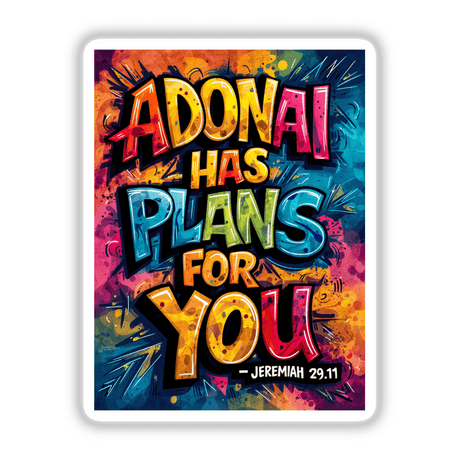 Inspirational Scripture Art Clipart - Jeremiah 29:11 - Adonai Has Plans for You, featuring a colorful poster with text, available as stickers or digital artwork.