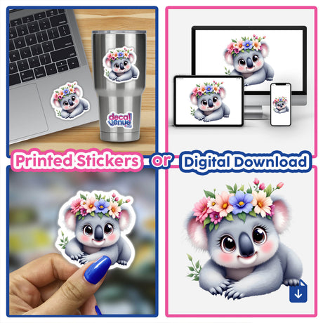 Adorable Koala with a Floral Crown sticker collage, showcasing cartoon koalas adorned with flowers, suitable for laptops or cups. Available as stickers or digital artwork from Decal Venue.