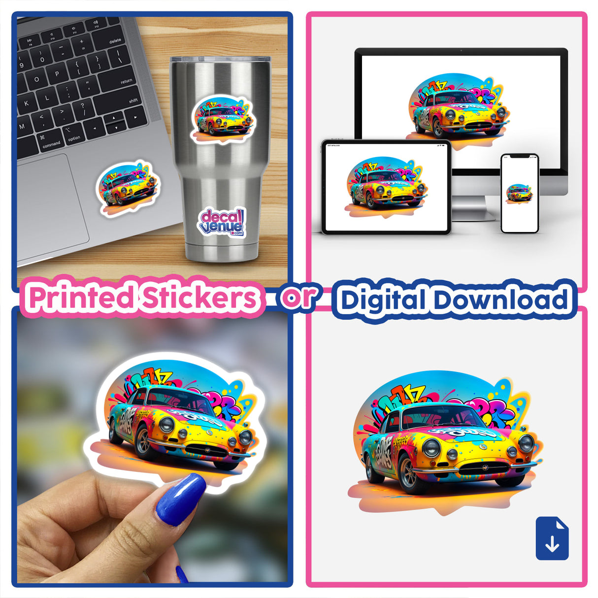 A collage featuring A Classic Graffiti Car, showcasing vibrant graffiti stickers and digital artwork on a car, highlighting the unique design elements available at Decal Venue.