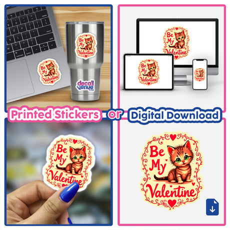 Be My Valentine Valentine's Day Kitten stickers and digital artwork featuring playful cat designs, including a cat with a heart, ideal for laptops and decor.