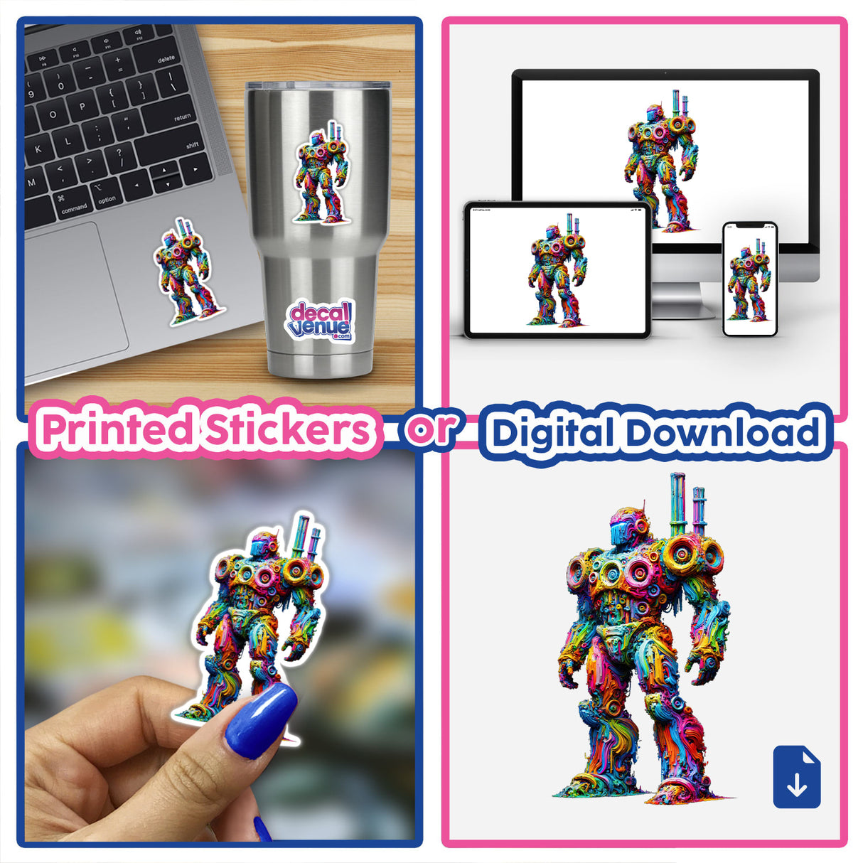 Neon Impasto Mech – Psychedelic Abstract Robot collage featuring vibrant robotic sculptures, ideal for unique stickers or digital artwork.