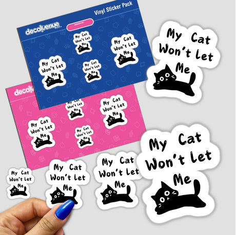 My cat won't let me part two stickers featuring playful cat illustrations and quirky text, available as physical stickers or digital artwork, capturing whimsical feline antics.